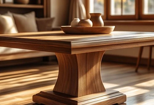 A wooden table base of solid form with smooth curves, installed in a modern living room.