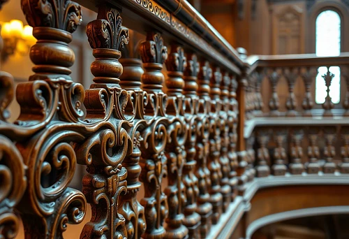 Artistic carved wooden balusters in a luxurious interior &mdash; elegant staircase railing in Lipetsk