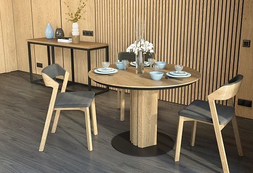 Modern kitchen with a round solid wood table on a central support