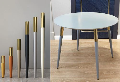 Stylish round table with painted legs in gray-gold tones.