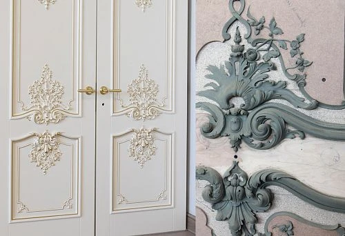 Process of creating carved door decoration with classic patterns in the workshop.