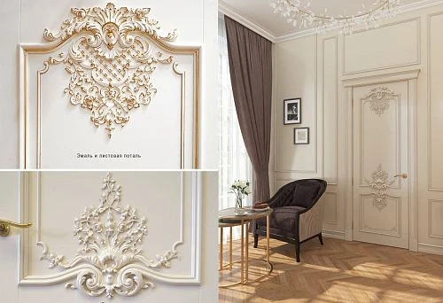 Door made of natural wood with carving and gold leaf in a classic interior