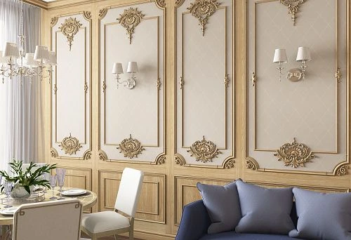 Luxurious interior with wooden wall panels adorned with decorative elements