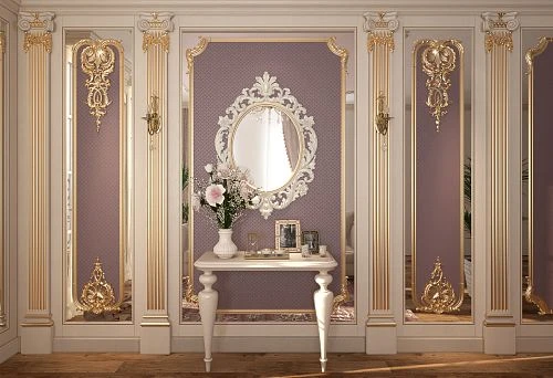 Classic interior with an elegant wooden table and a mirror framed with carved detailing