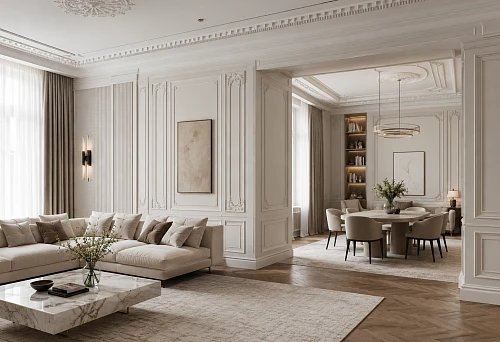 Quiet zoning of a room with stucco molding and moldings without partitions