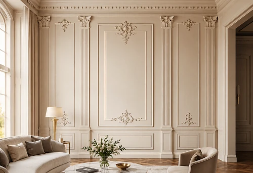 Pilasters, moldings, and polyurethane stucco make the wall look taller and more expensive
