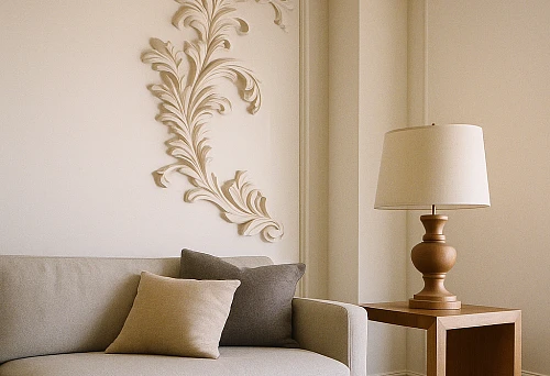 Modern interior with polyurethane moldings and solid wood furniture