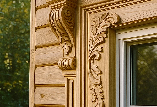 Wooden facade decor with carved elements around the window