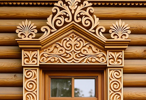 Carved Russian ornament on the facade of a wooden house