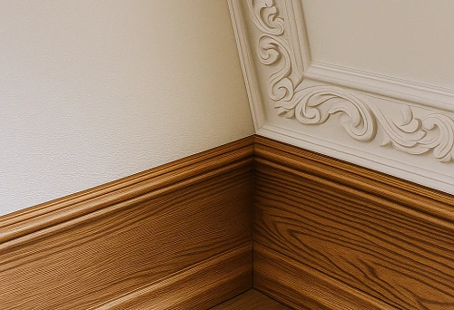 Combination of wooden skirting board and ceiling molding in interior design