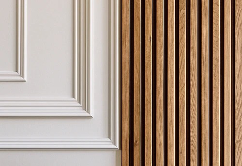 Modern Wall with Wooden Slats and Polyurethane Molding