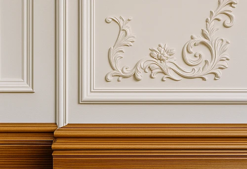 Interior with Wooden Skirting and Molded Wall Decor.