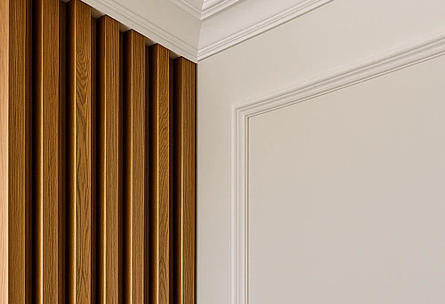 Interior with wooden slats and polyurethane ceiling cornices