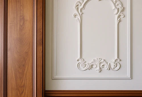 Wall decor with polyurethane elements and wooden panels