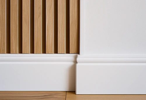 White Baseboard and Wooden Battens in Modern Interior Design