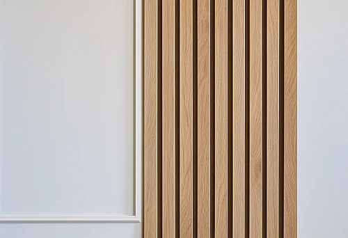 White Baseboard and Vertical Wooden Battens in a Modern Interior