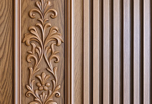 Wooden ornament and vertical battens in wall finishing