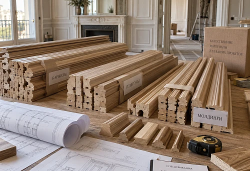 Wooden trim set for finishing a project with labeling by room and profile type