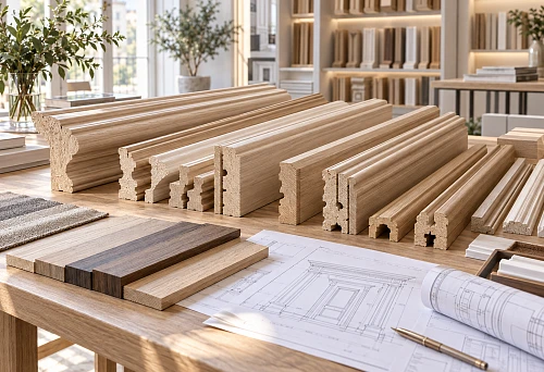 Wooden mouldings, skirting boards and cornices from a moulding manufacturer for interior project outfitting