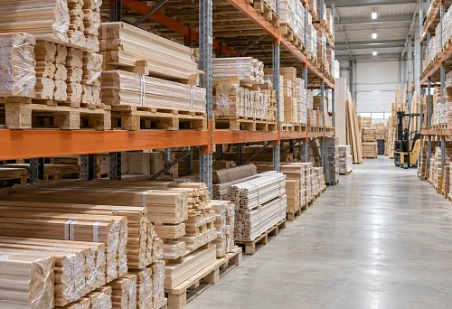 Building materials warehouse with wooden trim