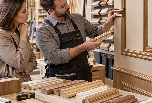 Building materials base with wooden trim for fine interior finishing