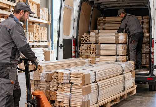 Building materials with delivery and wooden trim for interior finishing