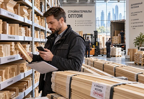 Wholesale building materials warehouse in Moscow with wooden moldings in stock