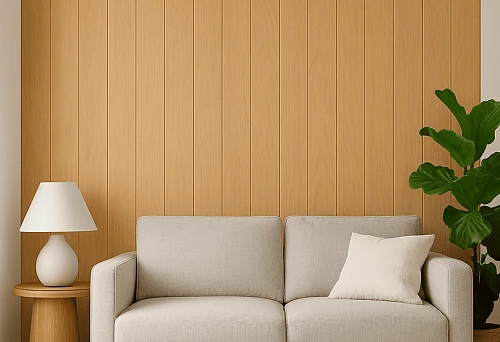 Interior with wooden planks on the wall and a light sofa in the background