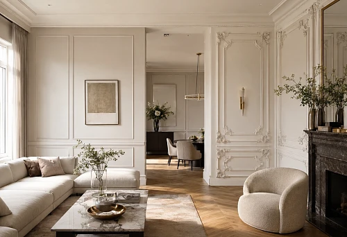 Smooth and textured wall moldings in an upscale light interior