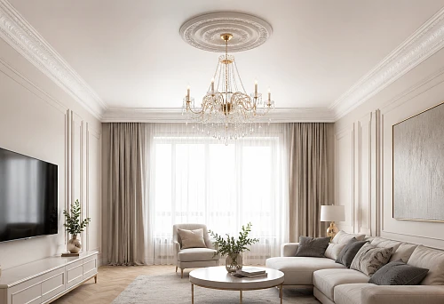 Interior with a stretch ceiling, wall moldings, and ceiling stucco