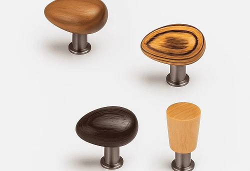 Four stylish wooden handles in different shades on metal bases, perfectly suited for creating a unique and stylish interior.