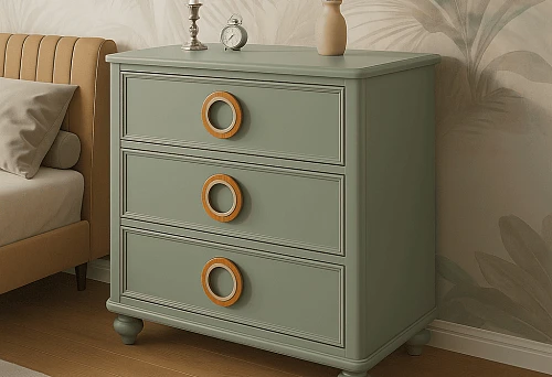 Modern chest of drawers with three drawers, adorned with stylish round handles featuring natural wood texture, in a cozy bedroom with decorative elements.
