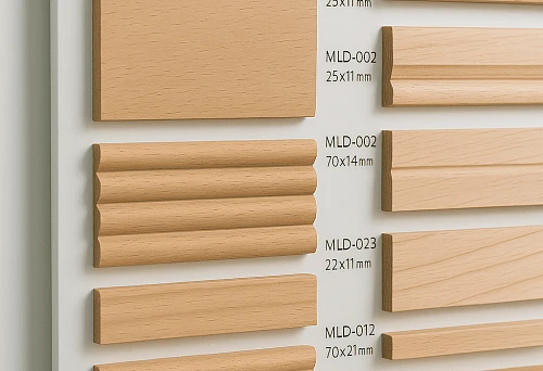 Samples of natural wood furniture profiles and moldings displayed at the furniture materials selection stand.