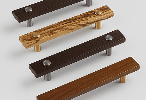 Four stylish wooden handles in different shades with metal fittings