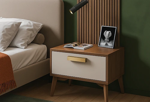 Modern bedroom with a wooden bedside table equipped with a stylish furniture handle