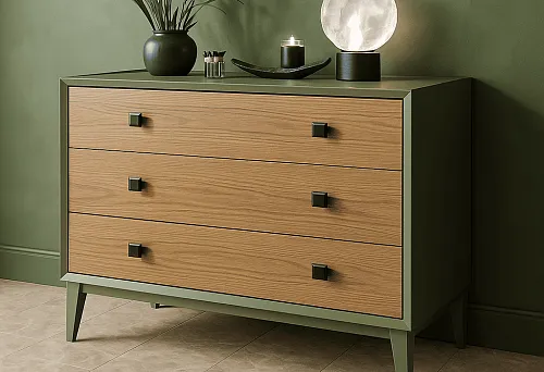 Modern chest of drawers with three drawers, adorned with stylish square furniture handles