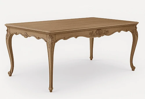 Luxurious wooden table with carved decoration on legs and frame, in classic style