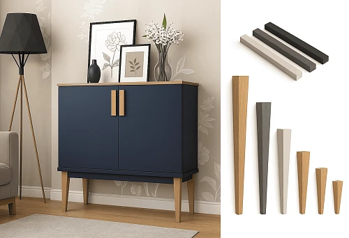 Modern interior with a commode on wooden legs. Next to it are various wooden leg options in different heights and shades.