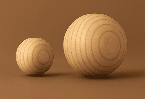 Two spherical wooden legs of different sizes on a white background.