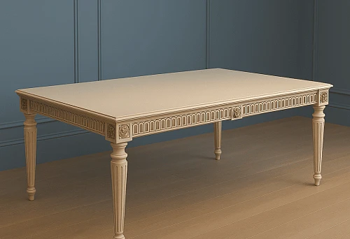 Carved wooden table in classic style against a blue wall.