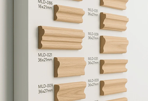 Various shapes and sizes of wooden moldings on a white stand, demonstrating the possibilities of interior decoration.