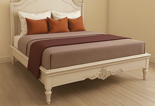 Classic solid wood bed with carved headboard and soft pillows on a light bedroom background.