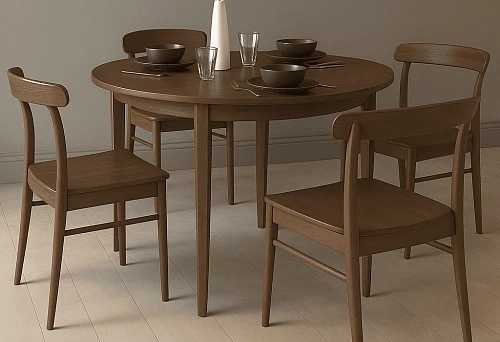 Dining set with round wooden table and four wooden chairs in minimalist interior.