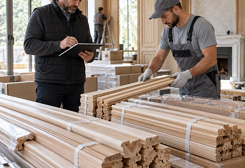 Accepting wooden trim from a building materials supplier on site