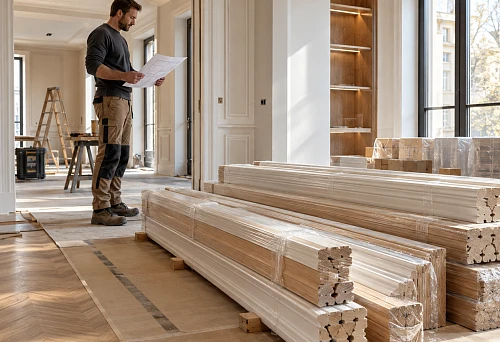 Construction and finishing materials and wooden mouldings before delivery to the site