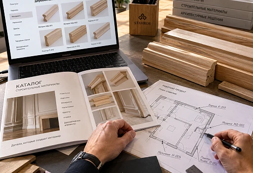 Catalog of building materials with wooden trim for a working project