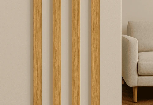 Set of neatly aligned wooden strips with straight angles and natural wood texture