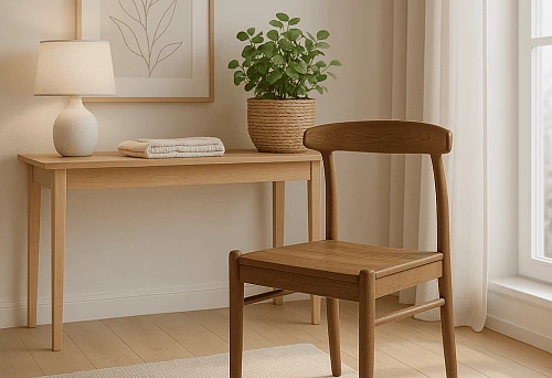 Modern wooden chair in a light interior next to a wooden table