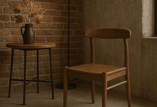 Wooden chair in an industrial interior with a brick wall in the background