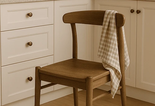 Stylish Wooden Chair in a Light Kitchen with a Fabric Towel on the Backrest